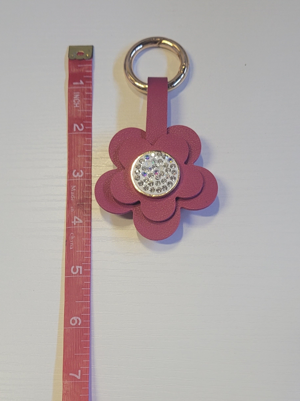 Leather Flower Keychain with Crystal Accent - Dragon fruit